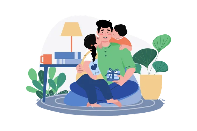 Son and daughter kiss their happy father's cheeks from both sides Illustration