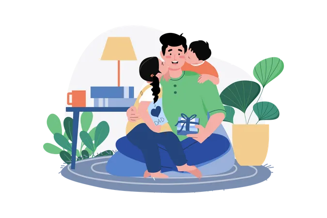 Son and daughter kiss their happy father's cheeks from both sides  Illustration