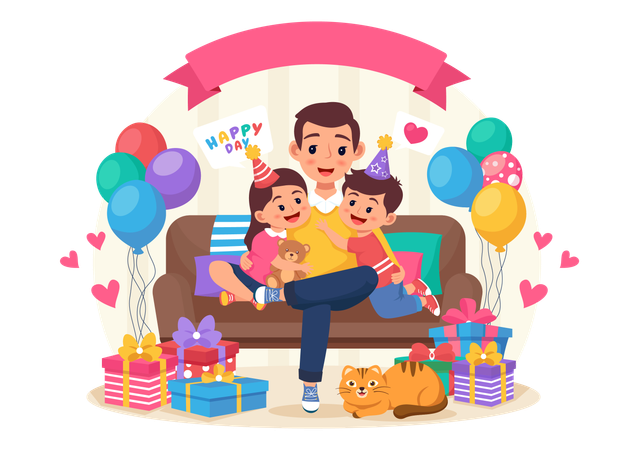Son and Daughter Playing Together with father  Illustration