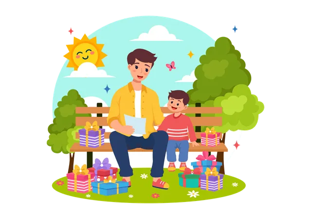 Son and father in park  Illustration