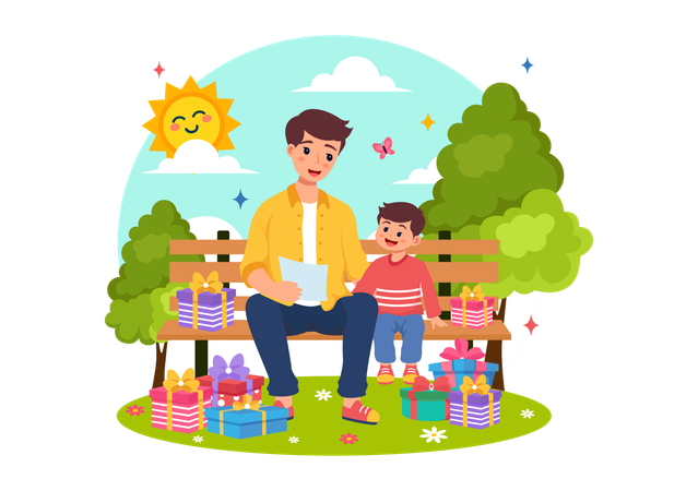 Son and father in park  Illustration