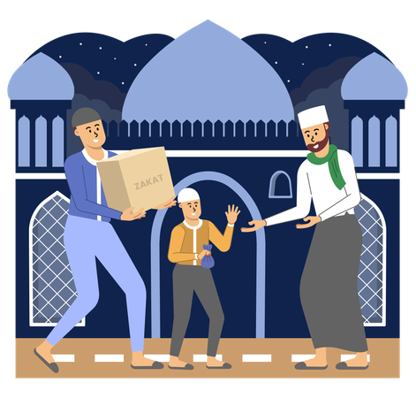 Son and His Father Fulfilling Their Duty by Giving Zakat on Ramadan Night  Illustration