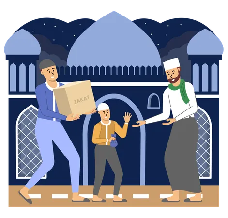 Son and His Father Fulfilling Their Duty by Giving Zakat on Ramadan Night  Illustration
