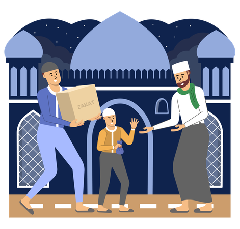Son and His Father Fulfilling Their Duty by Giving Zakat on Ramadan Night  イラスト