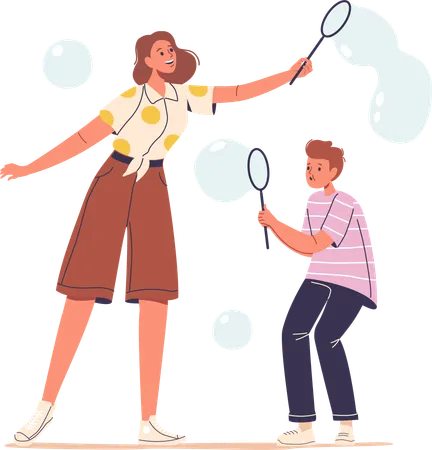 Son and mother Blowing Huge Iridescent Bubbles Through Air  Illustration