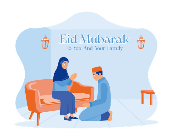 Son Apologizes To The Mother In The House Celebrating Eid  Illustration