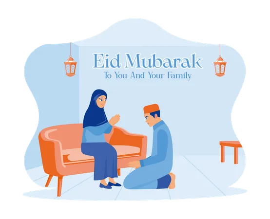 Son Apologizes To The Mother In The House Celebrating Eid  イラスト