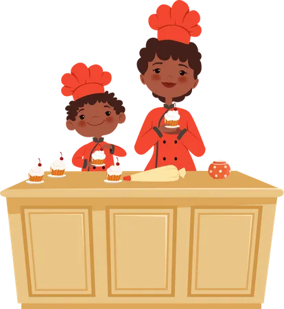 Son baking cake with mother Illustration