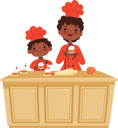 Son baking cake with mother  Illustration