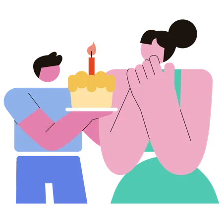 Son Celebrate Mothers Day by cake cutting  Illustration