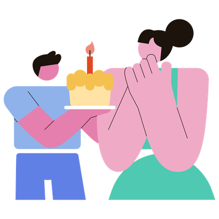 Son Celebrate Mothers Day by cake cutting  Illustration