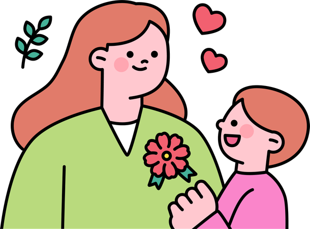 Son gifts red rose to his mother  Illustration