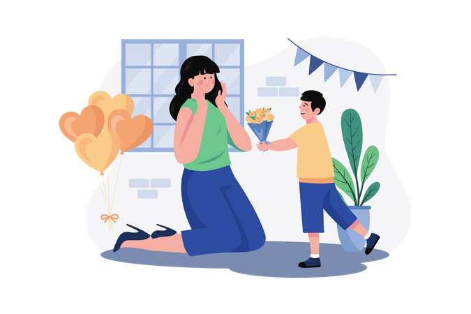 Son Gives Flowers To His Mother Illustration