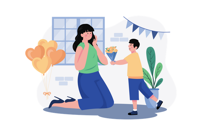 Son Gives Flowers To His Mother  Illustration