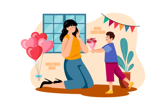 Son Gives Flowers To His Mother  Illustration