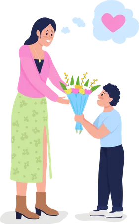 Son giving flowers to his mom Illustration