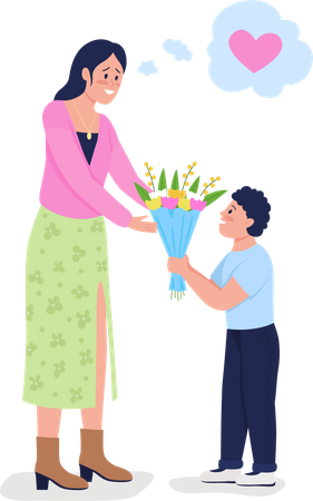 Son giving flowers to his mom  Illustration