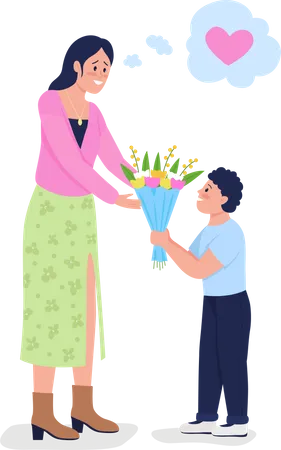 Son giving flowers to his mom  Illustration