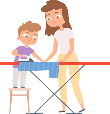 Son helping mother to ironing Illustration