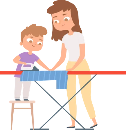 Son helping mother to ironing Illustration