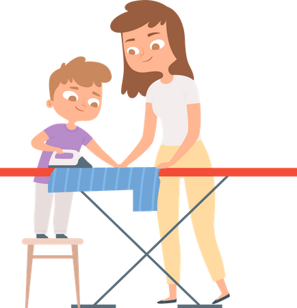 Son helping mother to ironing  Illustration