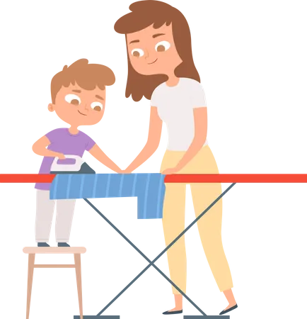 Son helping mother to ironing  Illustration