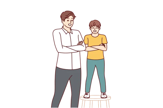 Father And Son Smiling Standing With Arms Crossed And Looking At Screen For Concept Of Intergenerational Succession And Parenthood Little Boy Stands On Stool Near Father Or Older Brother Illustration