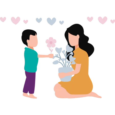 Son is giving flowers to his mother  Illustration