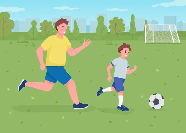 Son playing soccer with dad  Illustration