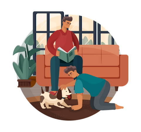 Son playing with dog while father reading book  Illustration