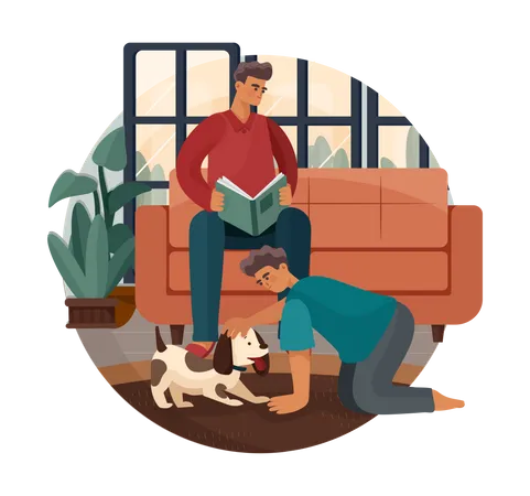 Son playing with dog while father reading book  Illustration