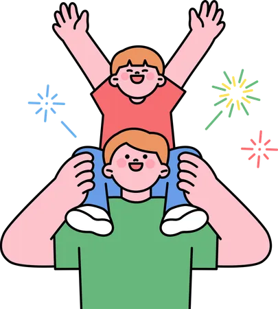 Son sitting on father shoulder and enjoying festival  Illustration