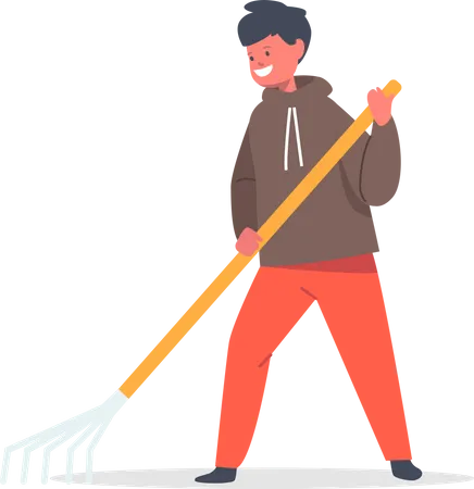 Son sweeping garden with rake  Illustration