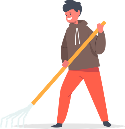 Son sweeping garden with rake  Illustration