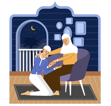 Son Tender Gesture of Seeking Forgiveness from His Mother on Eid al-Fitr Day  Illustration