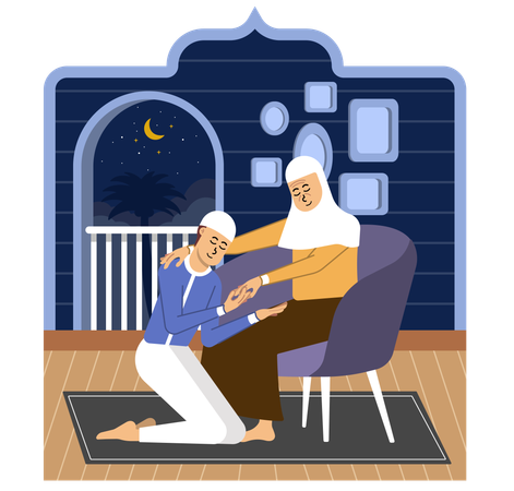Son Tender Gesture of Seeking Forgiveness from His Mother on Eid al-Fitr Day  イラスト