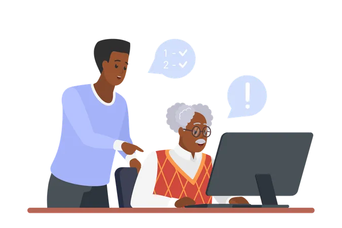Son Training Father To Work Or Study With Computer Vector Illustration Cartoon Isolated Young Guy Teaching With Love Old Man To Use PC Happy Old Person Sitting At Home Desk And Looking At Monitor Illustration