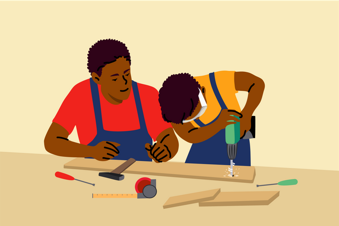 Son with dad in workshop  Illustration