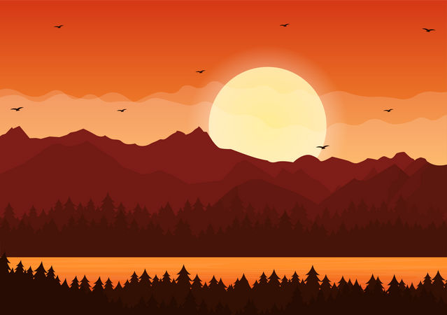 Sonnenuntergang im Bergtal  Illustration