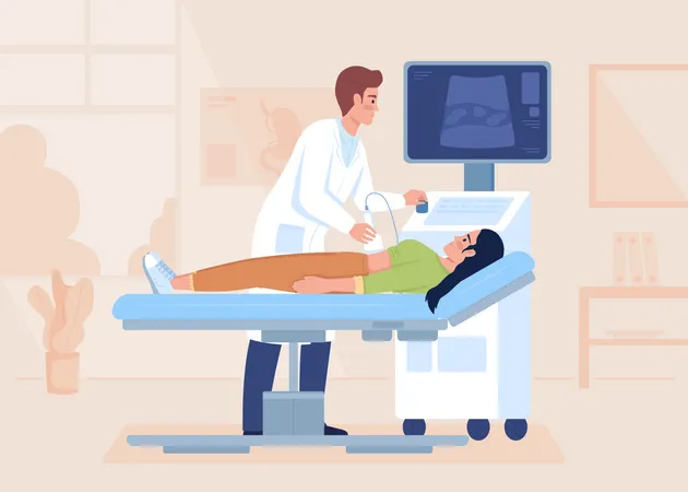 Sonographische Untersuchung des Abdomens des Patienten  Illustration