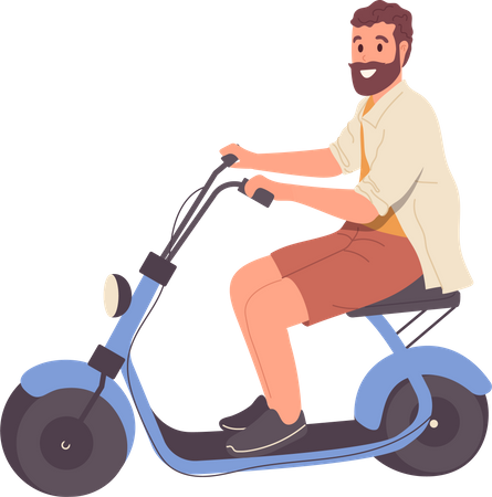 Carácter de hombre hipster sonriente montando moto scooter eléctrico de velocidad  Ilustración