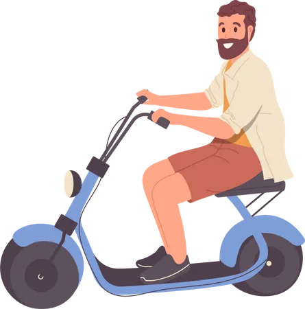 Carácter de hombre hipster sonriente montando moto scooter eléctrico de velocidad  Ilustración