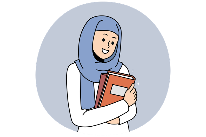 Sonriente joven árabe con hijab sosteniendo libros entusiasmados con la educación universitaria  Ilustración