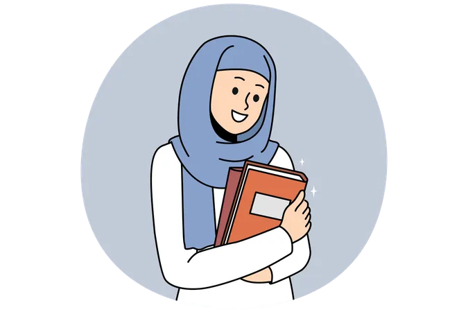 Sonriente joven árabe con hijab sosteniendo libros entusiasmados con la educación universitaria  Ilustración