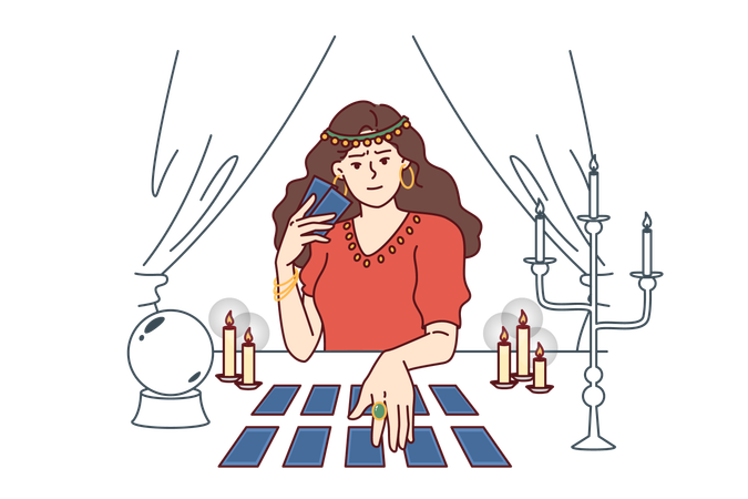 Soothsayer woman holds tarot cards  Illustration
