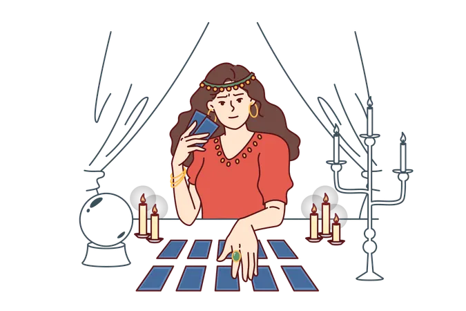 Soothsayer Woman Holds Tarot Cards Predicting Future And Performing Magical Ritual To Bewitch Betrothed Soothsayer Girl Sits At Table With Candles And Mysterious Ball For Communicating With Spirits Illustration