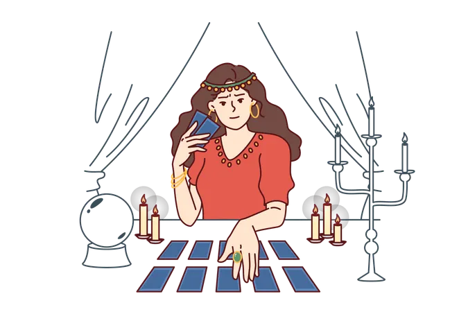 Soothsayer woman holds tarot cards  Illustration