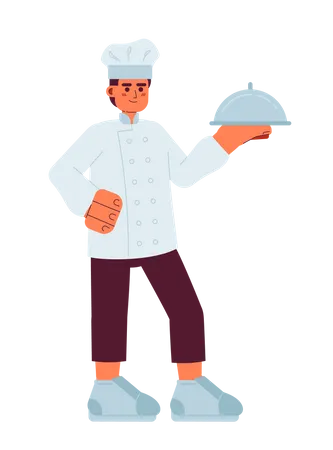 Soporte de chef masculino caucásico con bandeja de plata  Ilustración