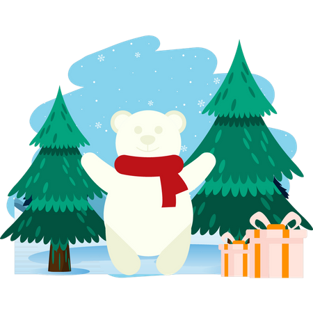 El oso polar coloca el árbol de navidad y los regalos  Ilustración