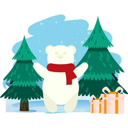 El oso polar coloca el árbol de navidad y los regalos  Ilustración